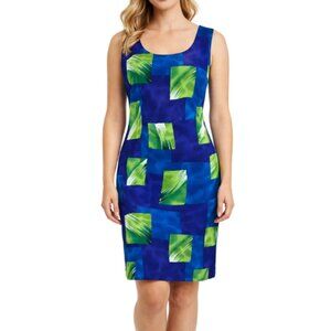 Vintage John Roberts Abstract Geometric Sleeveless Sheath Dress Blue Green 14